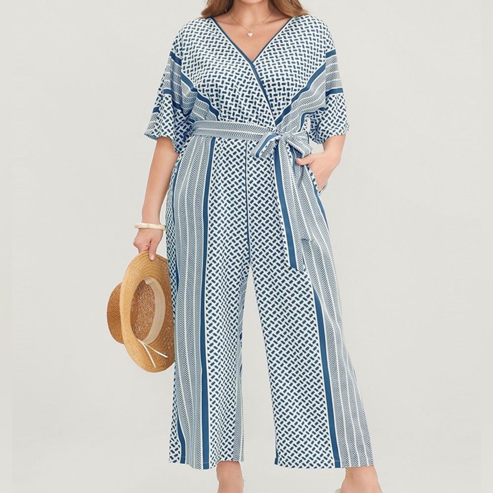 BloomChic Geometric Blue and White Jumpsuit Plus Size 3X